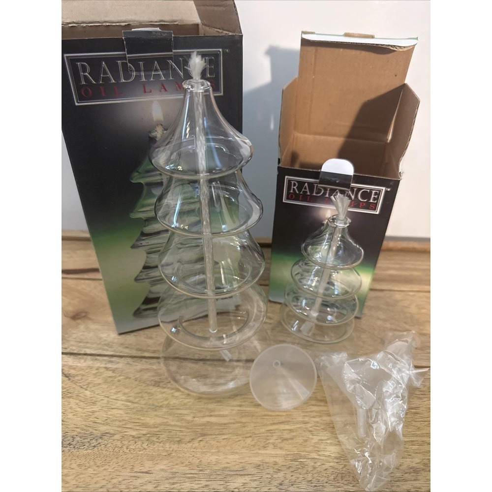Glass Christmas Tree Oil Lamp Set Of 2 8.5" & 5.5" Tall The Candle Maker By Hans